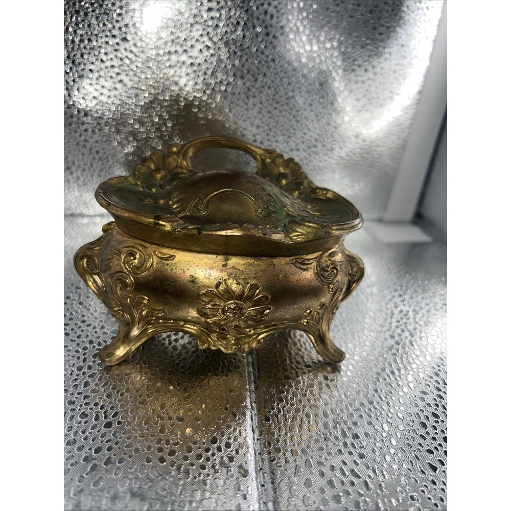 Antique Art Nouveau Jewelry Casket‎ Or Trinket Box Gold Tone